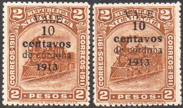 Nicaragua stamps 1913 surcharges Locomotive 10c / 2 Pesos Large 0 in 10